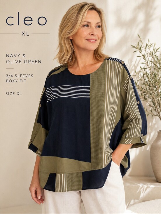 cleo Tops - CLEO  Sage Green and Navy  Blouse Shoulder Buttons Sz XL